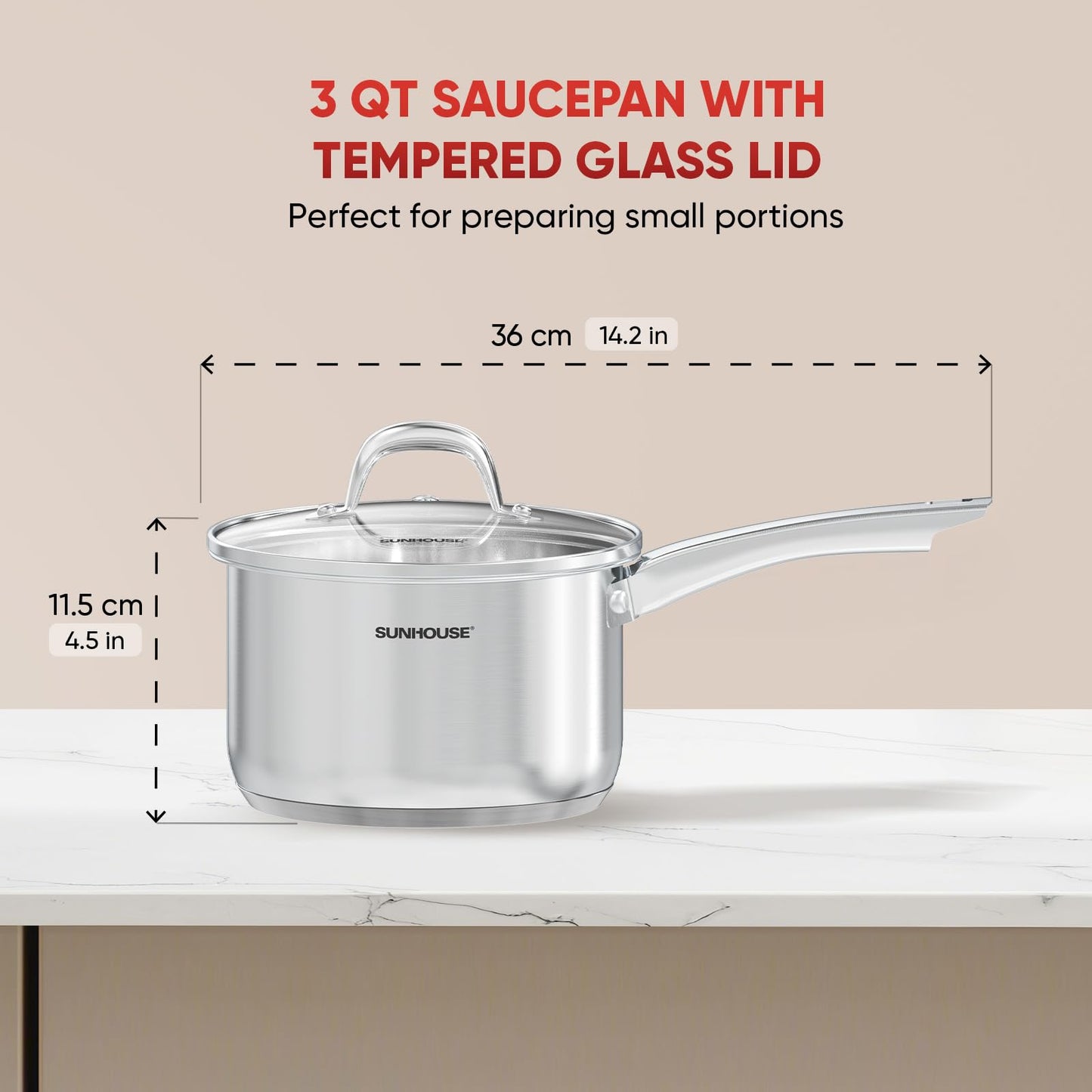 SUNHOUSE – 3 Quarts Stainless Steel Sauce Pan with Lid - PFOA-Free, Stainless Steel Sauce Pan, Advanced Impact Bonding Induction Base, Stay-Cool Handle, Compatible with All Cooktops