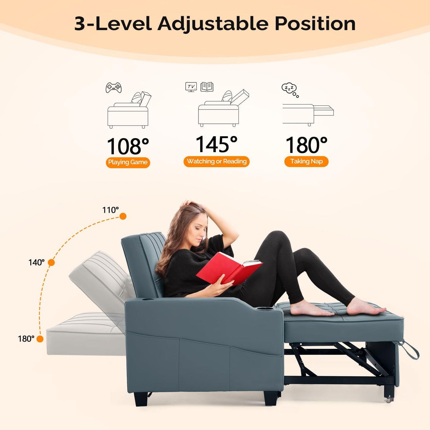 VINGLI Blue Grey Futon Sofa Bed Convertible Loveseat Sleeper Couch, Faux Leather Pullout Sofa Fold Out Couch Bed with USB Ports, Cup Holders, Armrest for Living Room, Bedroom Apartment Room