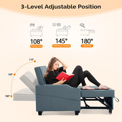 VINGLI Blue Grey Futon Sofa Bed Convertible Loveseat Sleeper Couch, Faux Leather Pullout Sofa Fold Out Couch Bed with USB Ports, Cup Holders, Armrest for Living Room, Bedroom Apartment Room