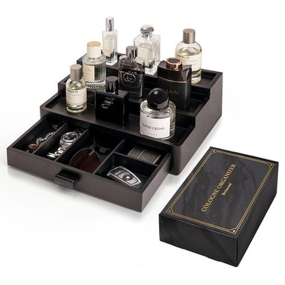 BRITEREE Cologne Organizer for Men, 3 Tier Wooden Cologne Stand with Drawer Storage and Hidden Compartment, Perfume Display Holder for Dresser, Great Gifts for Men and Women Valentine, Black