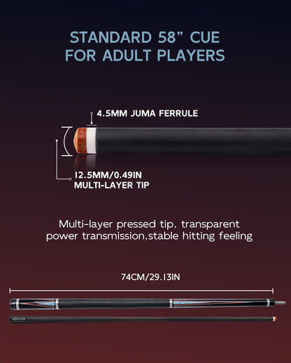 KONLLEN Carbon Fiber Pool Cue 2.0, 58-inch Low Deflection Billiard Stick for Adults with 12.5mm Tip and Pro Taper