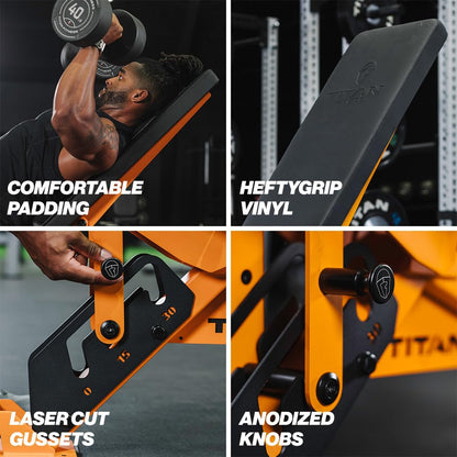 Titan Fitness TITAN Series Orange Adjustable Bench, Supports 600 LB Incline, 1,000 LB Flat, Versatile Single Post Utility Workout Bench for Home Gym, Weightlifting, Strength Training