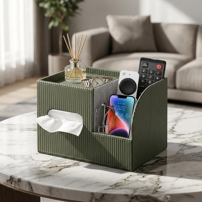 Fanousy Modern PU Leather Cube Tissue Box Cover with Storage Tray, Multifunctional Remote Control Holder & Facial Tissue Dispenser Organizer for Nightstand, Bathroom, Bedroom, Office & Home Decor