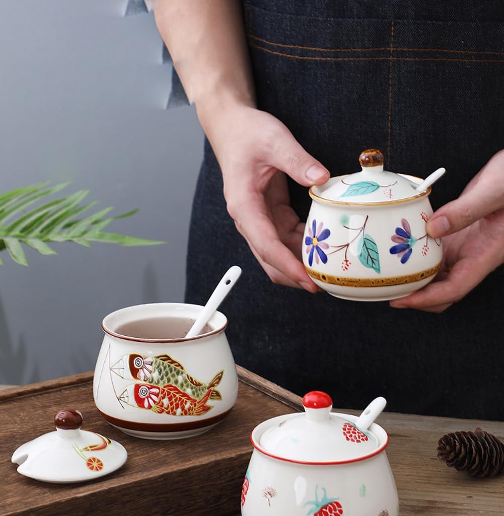 Cute Hand-painted Ceramic Sugar Bowl, Seasoning Jar, Blue Floral Pattern, 320ml for Kitchen Decor