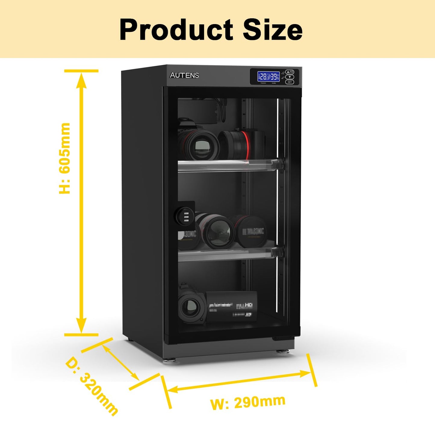 AUTENS Dehumidifying Dry Cabinet Box with Combination Lock,Digital Control Noiseless and Energy Saving,for Camera Lens,Electronic Equipment,Collectibles Storage,Temperature Humidity LED Screen (50L)