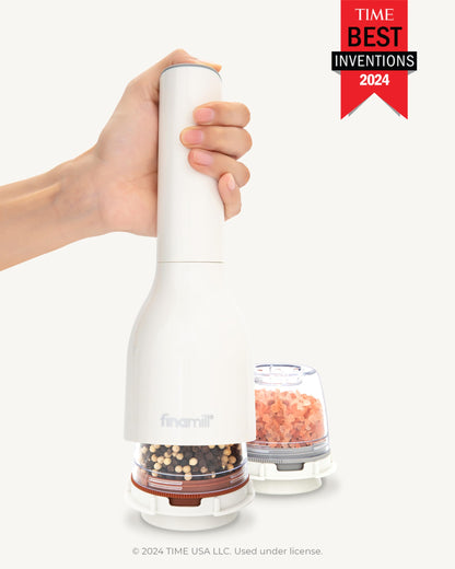 FinaMill Classic Battery Spice Mill – Battery Operated Salt and Pepper Grinder Set, Includes 2 Interchangeable Spice Pods, Adjustable Coarseness, Ceramic Grinder, LED Light, Home and Kitchen Gift Set
