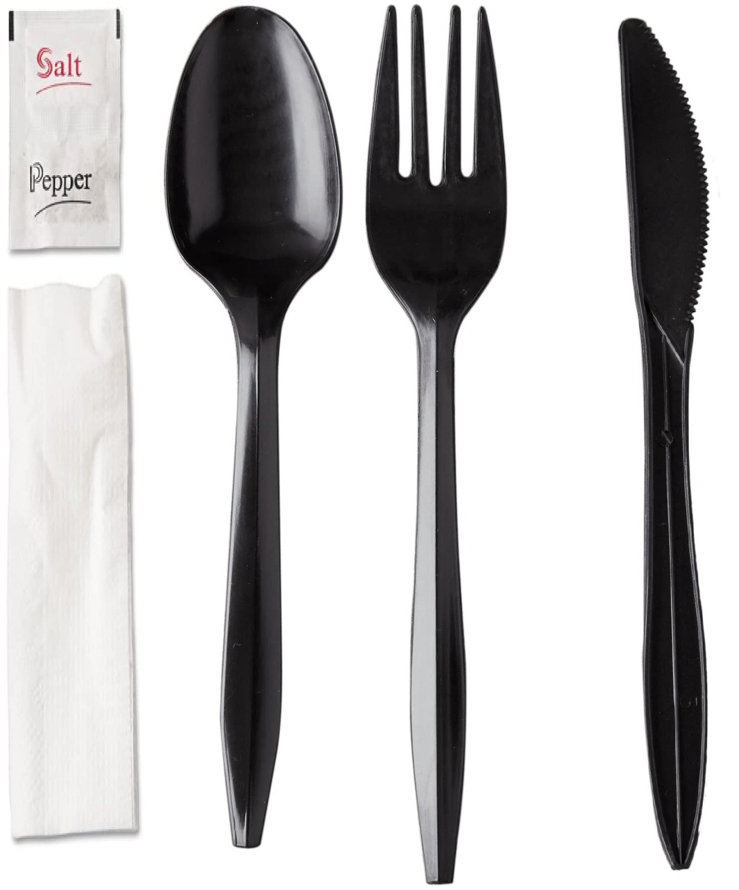 150 Plastic Cutlery Packets - Knife Fork Spoon Napkin Salt Pepper Sets | Black Plastic Silverware Sets Individually Wrapped Cutlery Kits, Bulk Plastic Utensil Cutlery Set Disposable To Go Silverware
