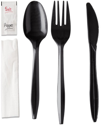 150 Plastic Cutlery Packets - Knife Fork Spoon Napkin Salt Pepper Sets | Black Plastic Silverware Sets Individually Wrapped Cutlery Kits, Bulk Plastic Utensil Cutlery Set Disposable To Go Silverware
