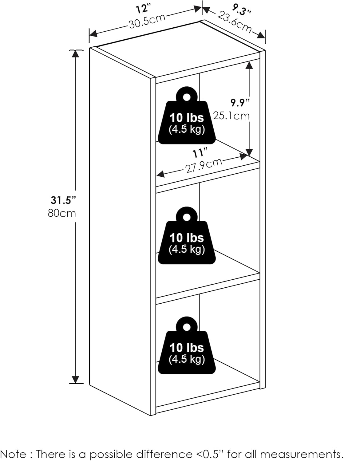3-Tier 9 12 32, Furinno PASIR Book Shelf, Bookshelf, Bookcase with Open Shelves, x x for Living Room, Bedroom, Home