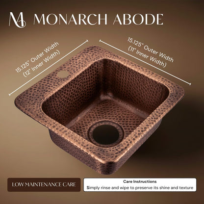 Monarch Abode Kitchen & Bar Sink – 15-inch Baxter Drop in Small Bar Sink, Hand Hammered Pure Copper Sinks with Faucet Hole for Wet Kitchens, Decorative Kitchen Sinks, Single Drop in RV Sinks
