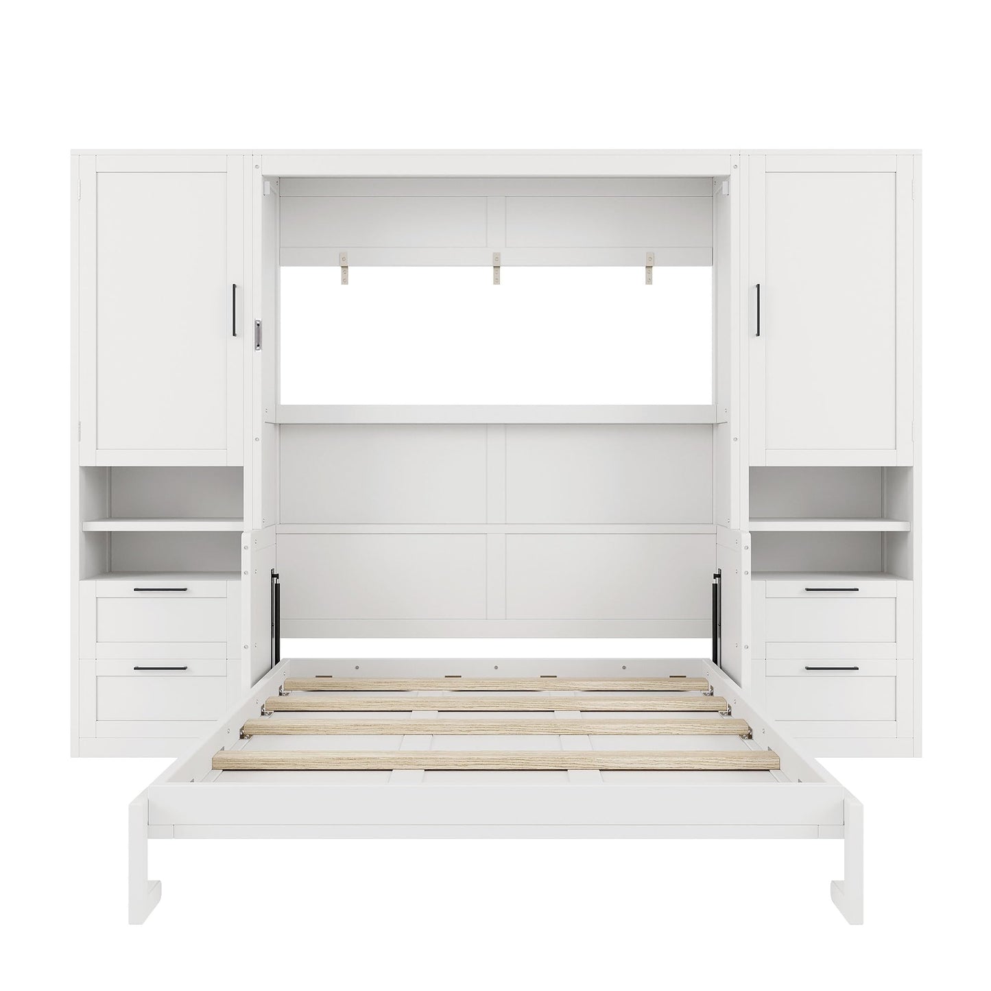 Merax Queen Size Murphy Bed with Desk, Multifunctional Foldable Wall Bed with Closet, Drawers and Shelves, Space-Saving Wood Platform Bed Frame for Small Spaces Studio Study Office Guest Room, White