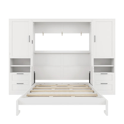 Merax Queen Size Murphy Bed with Desk, Multifunctional Foldable Wall Bed with Closet, Drawers and Shelves, Space-Saving Wood Platform Bed Frame for Small Spaces Studio Study Office Guest Room, White