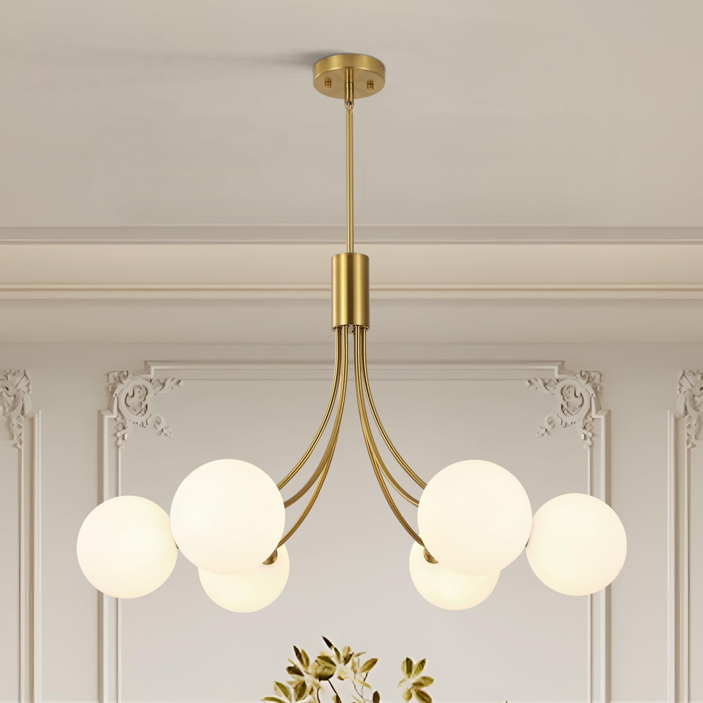 Xeruyiwa 6-Light Modern Gold Sputnik Chandelier Mid Century Brushed Brass Light Fixture with Milk Glass Globes for High Ceiling Dining Room Kitchen Island Living Room