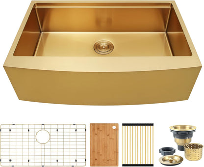 Kitsitchen Gold Farmhouse Kitchen Sink,16 Gauge 304S Stainless Steel Farm Sinks, 33"x20"x10" Large and Deep Apron Front Single Bowl Workstation Sinks with Accessories