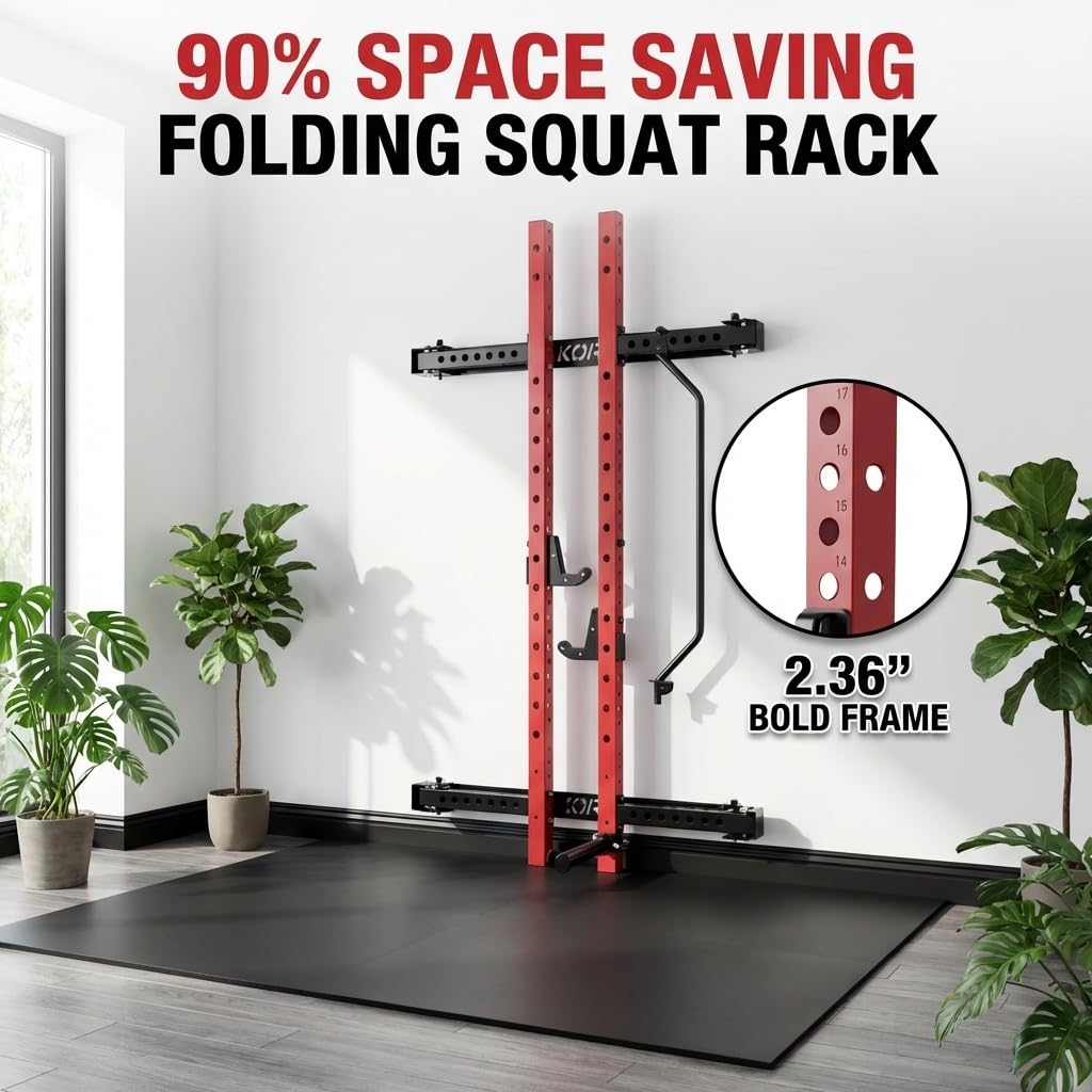 Folding Squat Rack for Home Gym – 1000 LBS Capacity Wall Mounted Power Rack with Pull-Up Bar, j-Hooks & Landmine | 2.36" x 2.36" Heavy-Duty Steel, Space-Saving Foldable Squat Cage for Home Garage