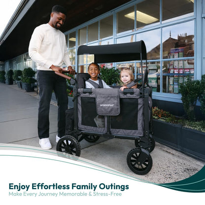 WonderFold W2 Luxe Pro Stroller Wagon - Collapsible Stroller Wagon with Aluminum Frame - Adjustable Canopy & Push Handle - XL All-Terrain Wheels - for Babies, Toddlers & Kids - 2 Seater - Gray