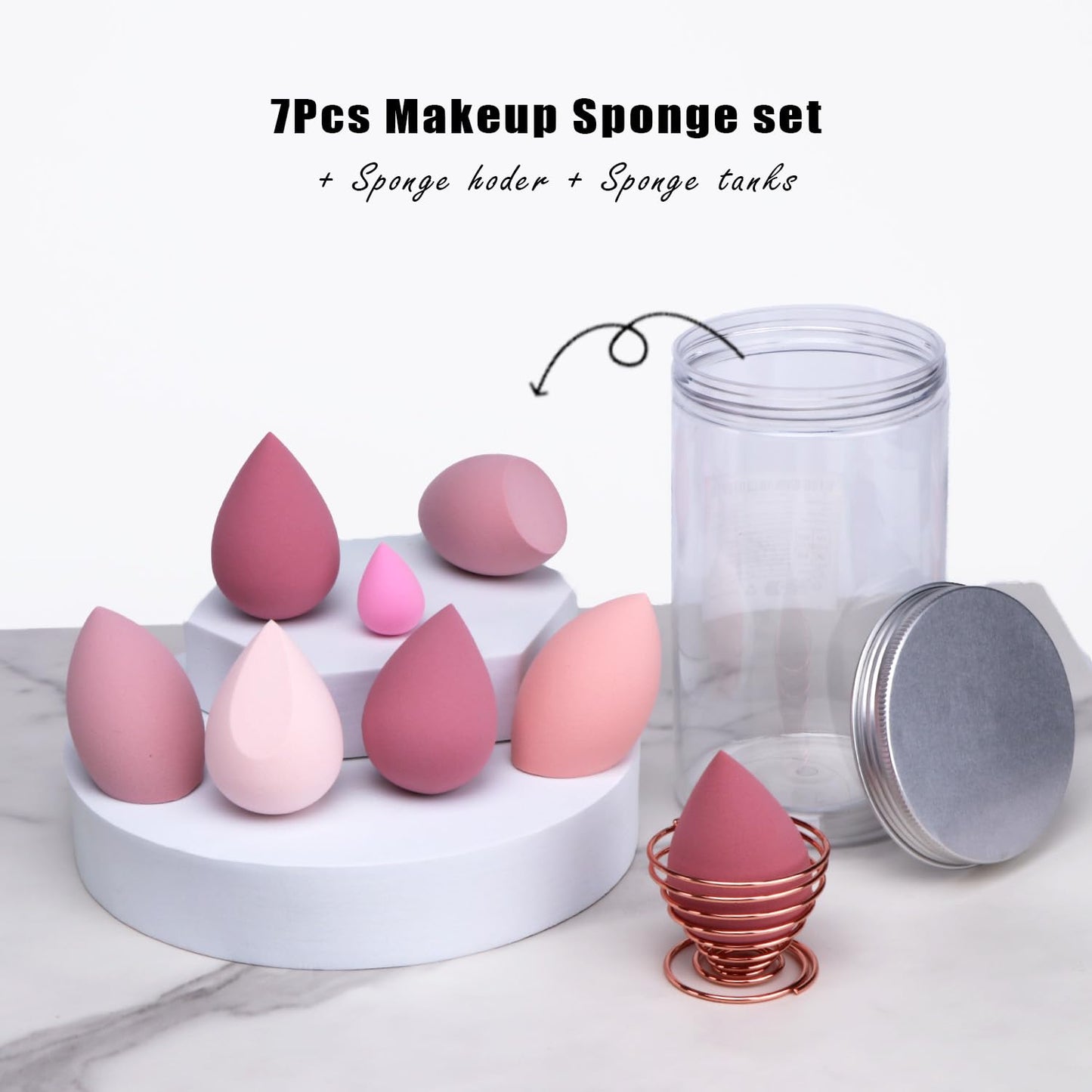 8Pcs Makeup Sponges Set- 7Pcs Beauty Sponge Blenders and 1 Bottle 1 Holder for Blending Foundation, Cream and Powder (Pink, Metal Holder-Can Packaging)