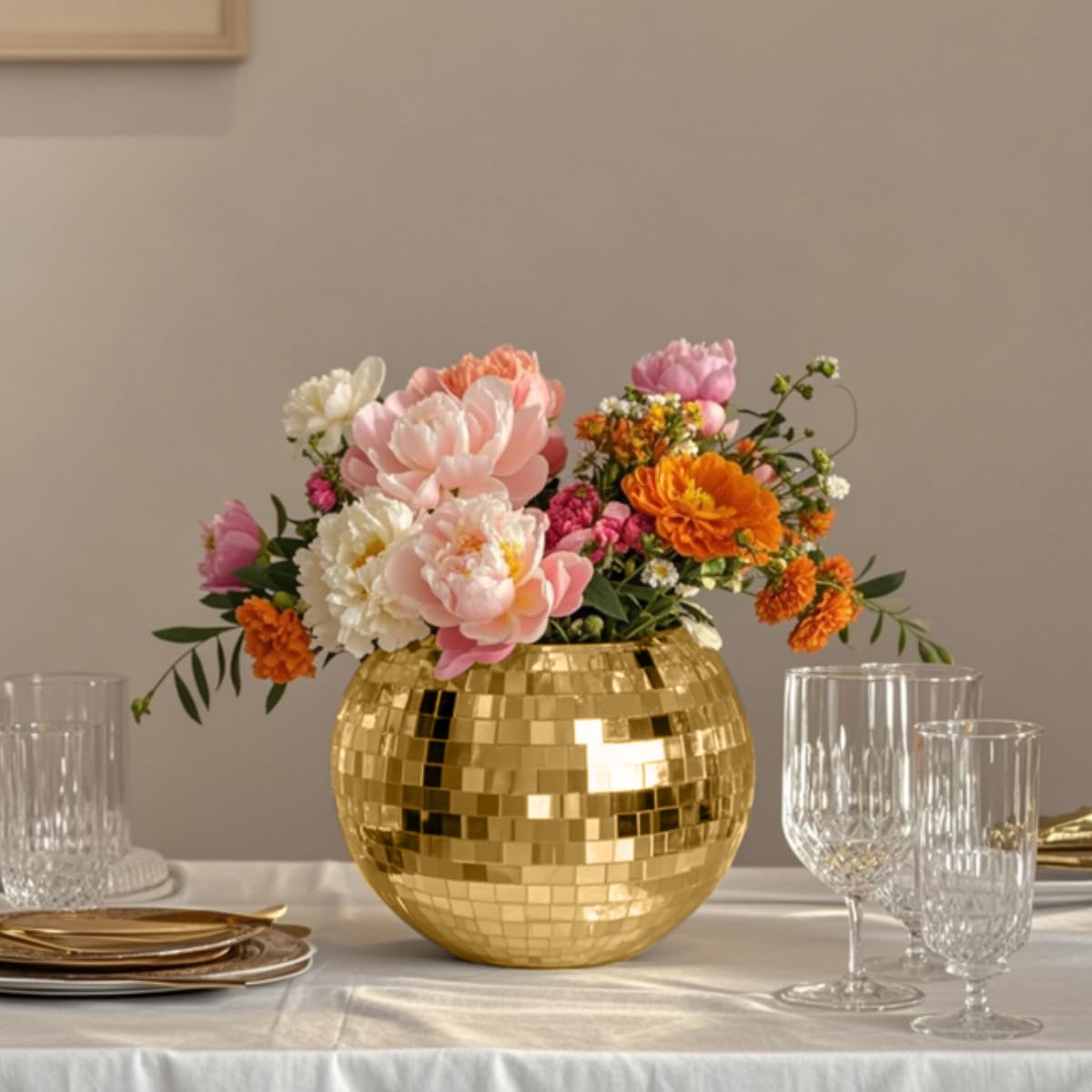 Disco Ball Vase Gold Mosaic Glass Mirror Ball Planter Disco Ball Planter for Centerpieces Disco Ball Decor Flower Vase with Silver Mirror Glass for Wedding Party Birthday, Disco Decor (5" X 6")