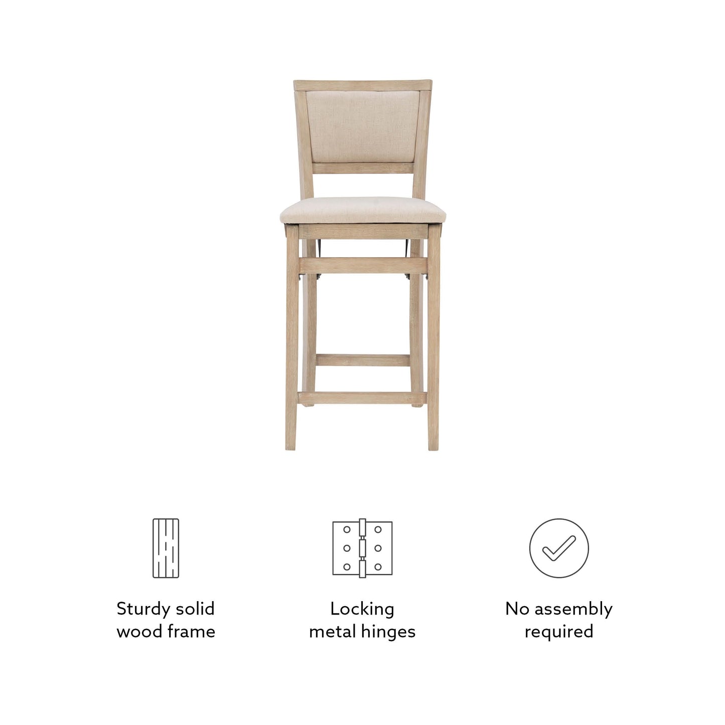 Linon Keira Natural Rustic Wooden Folding 25 Inch Seat Height Counter Stool with Beige Upholstered Seat and Back