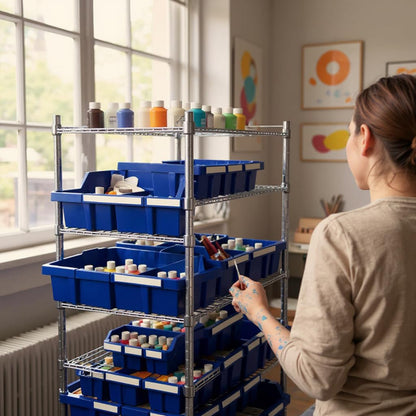 Heavy-Duty Steel Wire Shelving Storage Unit, 24-bin Rack with Wheels (Blue)