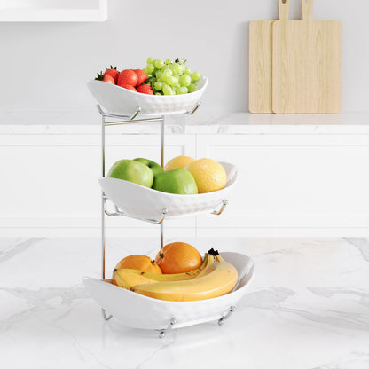 Acliys Fruit Bowl, 3 Tier Ceramic Fruit Basket, 3 Tier Serving Stand Serving Bowl with Metal Rack, Porcelain Kitchen Bowls for Fruit Vegetable Snack Nuts Dessert Cake Tray for Party Wedding