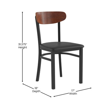 Flash Furniture Wright Set of 2 Commercial Dining Chairs - Walnut Wood Boomerang Back - Black Vinyl Seat - 500 LB. Capacity Black Steel Frame-Integrated Footrest
