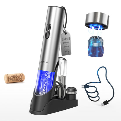 CIRCLE JOY Electric Wine Opener 7-in-1 Stainless Steel Rechargeable Electric Wine Bottle Opener Set with Automatic Vacuum Pump, Foil Cutter, Wine Pourer, 2 Vacuum Stoppers & Charging Station, Silver