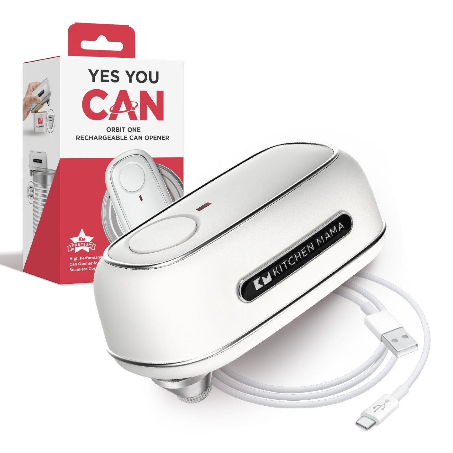 Kitchen Mama Orbit One Rechargeable Electric Can Opener: Hands-free, USB-C Charging, Automatic Stop, Smooth Edge, Safety, Blade for Large Cans, Heavy Duty, Soda and Pop Can, with Storage Box (White)