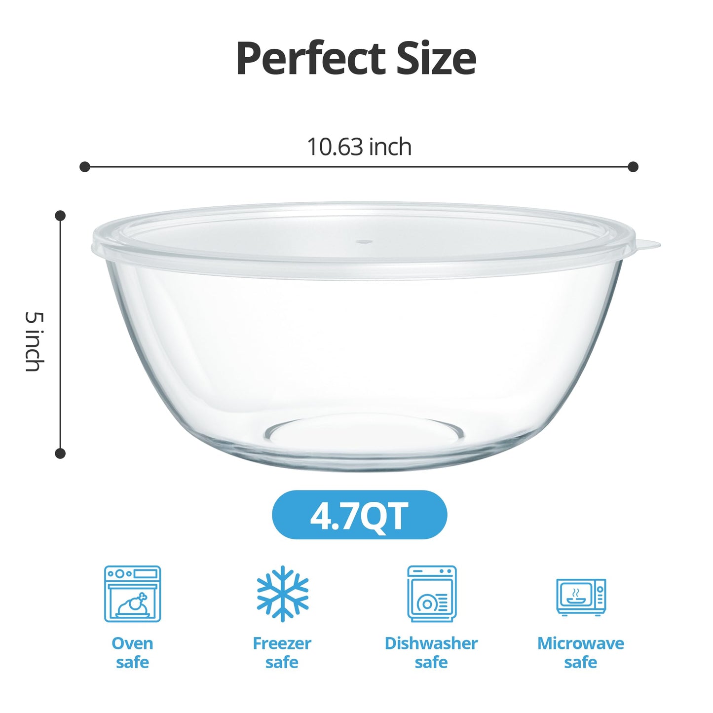 Quald 4.7 Qt Extra Large Glass Mixing Bowls Clear Glass Salad Cooking Bowls for Kitchen Salad Bread Storage