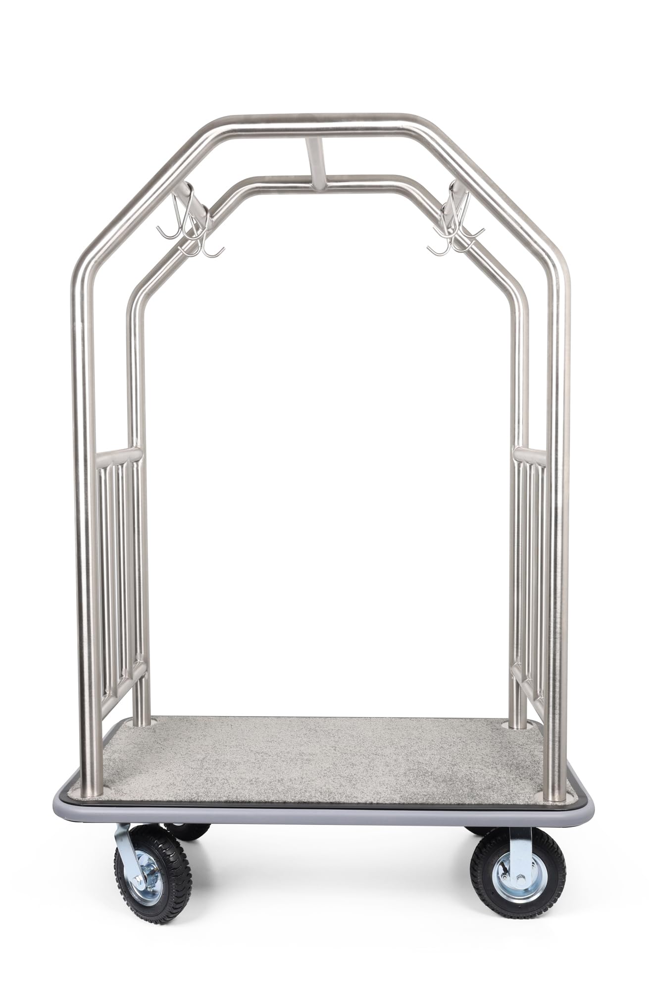 Wholesale Hotel Products Brushed Stainless Steel Luggage Cart –1000lb Capacity–Bellman Cart w/Grey Bumper Guard, Plush Carpet, 2” Welded Steel Frame & 8" Wheels, for 5-Star Hotels (Grand Lux Series)