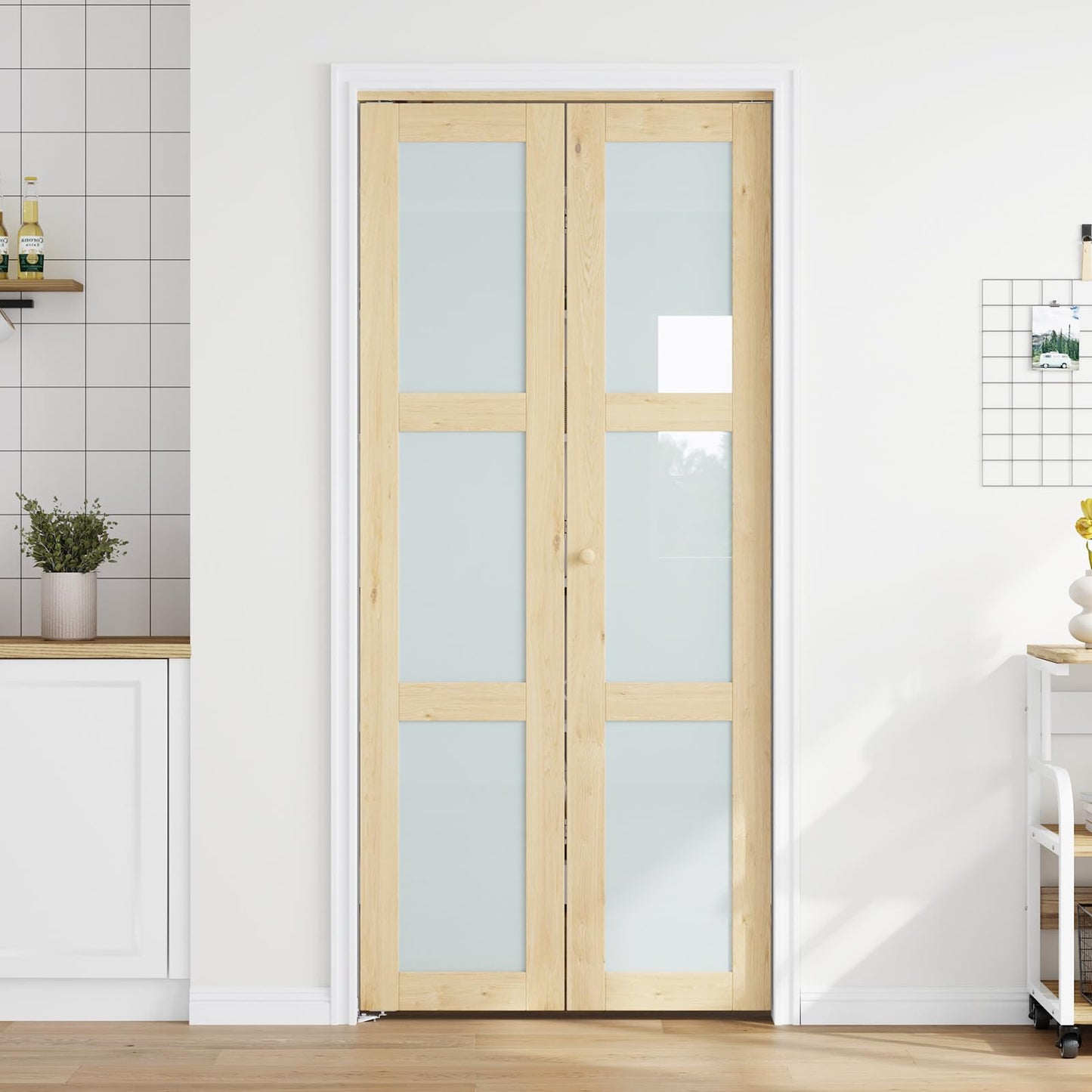 Roymelo Bifold Doors for 36"×80" Opening, Sliding Interior Tempered Frosted Glass Closet Folding Barn Door with Concealed Hardware Kit Included, 3-Panel Frosted Glass, Preassembled Door, DIY staining