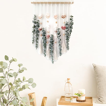 Artificial Eucalyptus Wall Hanging Decor, with Wooden Stick,Chic Boho Rustic Home wall Art Decor for Bathroom Bedroom Office Living Room (Artificial Eucalyptus Cream Tassels with Shells)