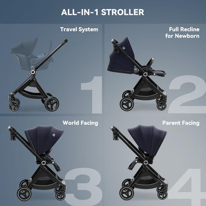ELITTLE EMU Full-Size Foldable Baby Stroller Full Recline Cockpit Compact Toddler Stroller with Reversible Seat All-Terrain Newborn Infant Pram Carriage for City Outdoor - Dark Blue