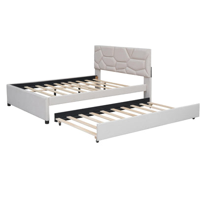 Brisca Full Size Linen Upholstered Platform Bed with Brick Pattern Headboard and Twin Size Trundle,Bed Frame W/ 10 Wooden Slats & 4 Supporting Legs,for Bedroom,Apartment,Guest Room,Beige
