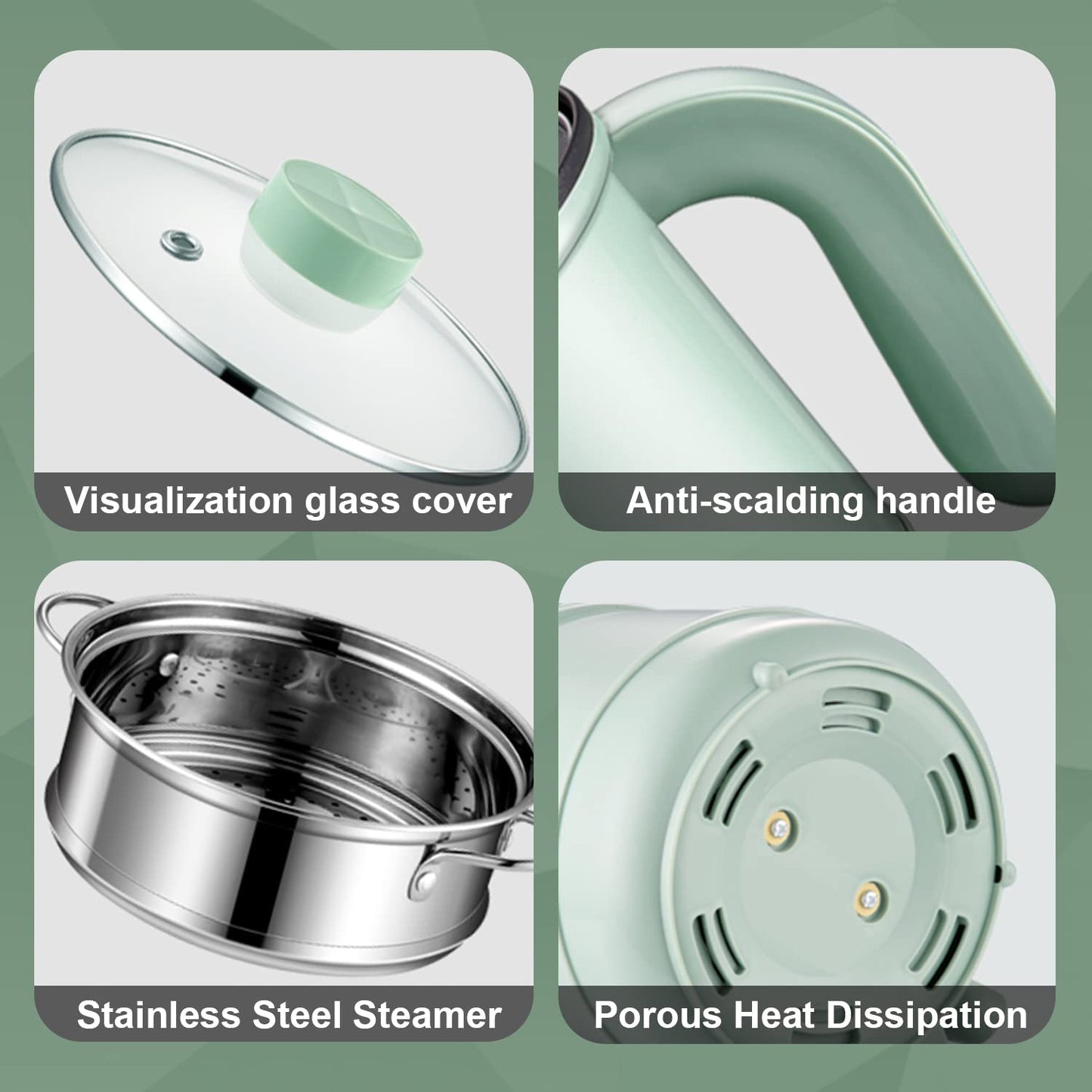 Smart Mini Hot Pot with Timer and Automatic Shut Off 1.2L Non-Stick Rapid Noodle Cooker w Stainless Steel Steamer Basket 600W Quick Cook 5 Cooking Modes for Soup, Rice (1cup) , Porridge, Pasta Great for 1-2 Persons (Green)