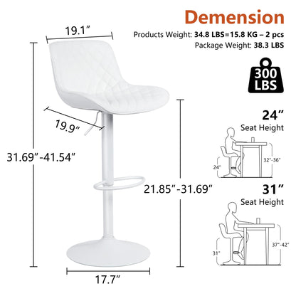 YOUTASTE All White Bar Stools Set of 2, Upholstered Counter Height Bar Stool, Adjustable Swivel Faux Leather Barstools, with Padded Back, Metal Base, Kitchen Chairs for Home Island