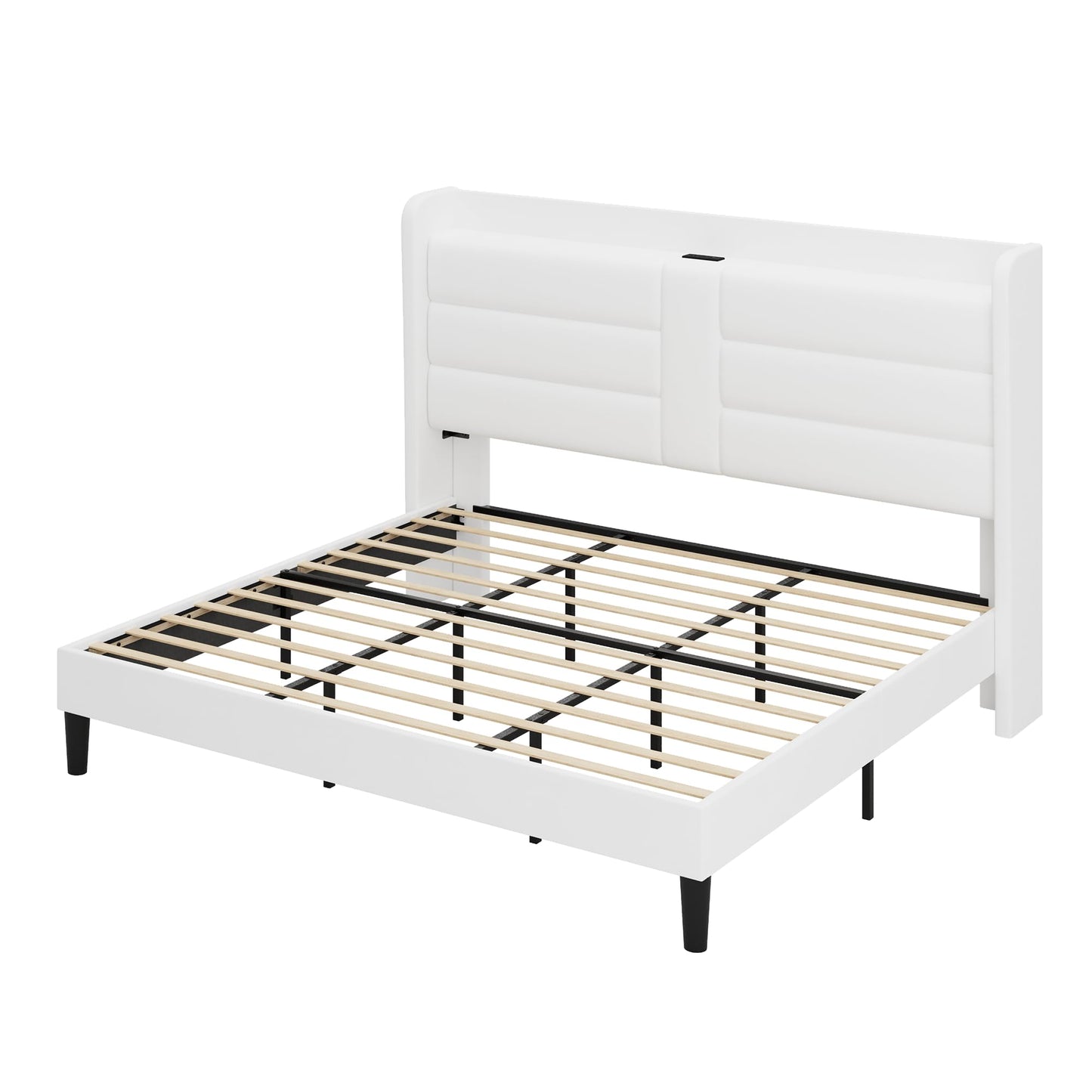 Allewie King Size Platform Bed Frame with Charging Station & Storage Headboard, Upholstered Velvet Wingback Design & USB Port, Strong Wooden Slats Support, No Box Spring Needed, Easy Assembly, White