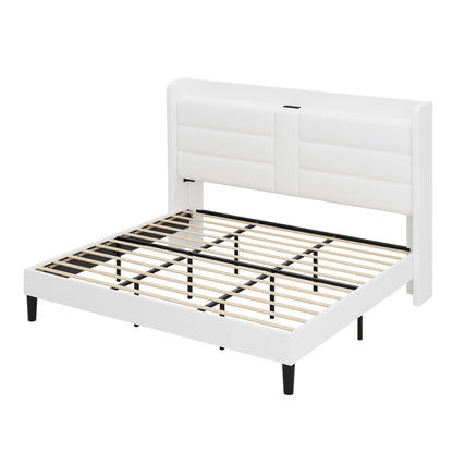 Allewie King Size Platform Bed Frame with Charging Station & Storage Headboard, Upholstered Velvet Wingback Design & USB Port, Strong Wooden Slats Support, No Box Spring Needed, Easy Assembly, White