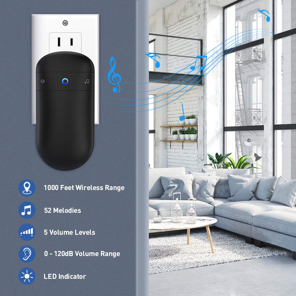 Wireless Doorbell, SECRUI Door bell Over 1000ft Coverage with 2 Plug-In Receivers, 1 Waterproof Push button, 52 Chimes, 110dB loud Sound Colorful LED Flash