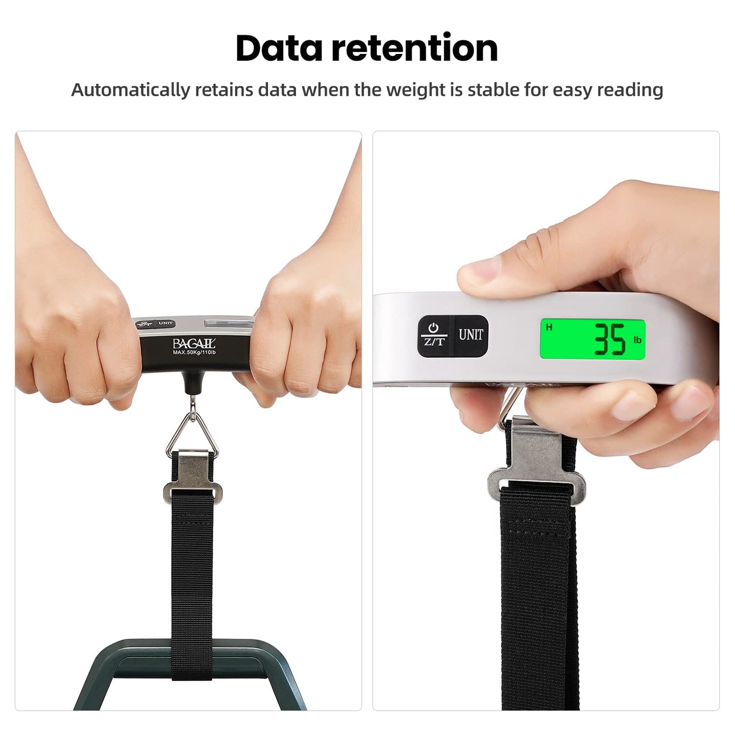 BAGAIL Digital Luggage Scale, 110lbs Hanging Baggage Scale with Backlit LCD Display,Portable Suitcase Weighing Scale,Travel Luggage Weight Scale with Hook,Strong Straps for Travelers(Ash Silver/Temp