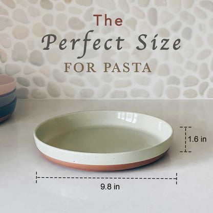 MORA Ceramic Flat Pasta Bowl Set of 4-35oz, Microwave Safe Plate with High Edge - Modern Porcelain Dinnerware for Kitchen and Eating, Large Wide Bowls/Plates for Serving Dinner, Salad, etc- Neutrals