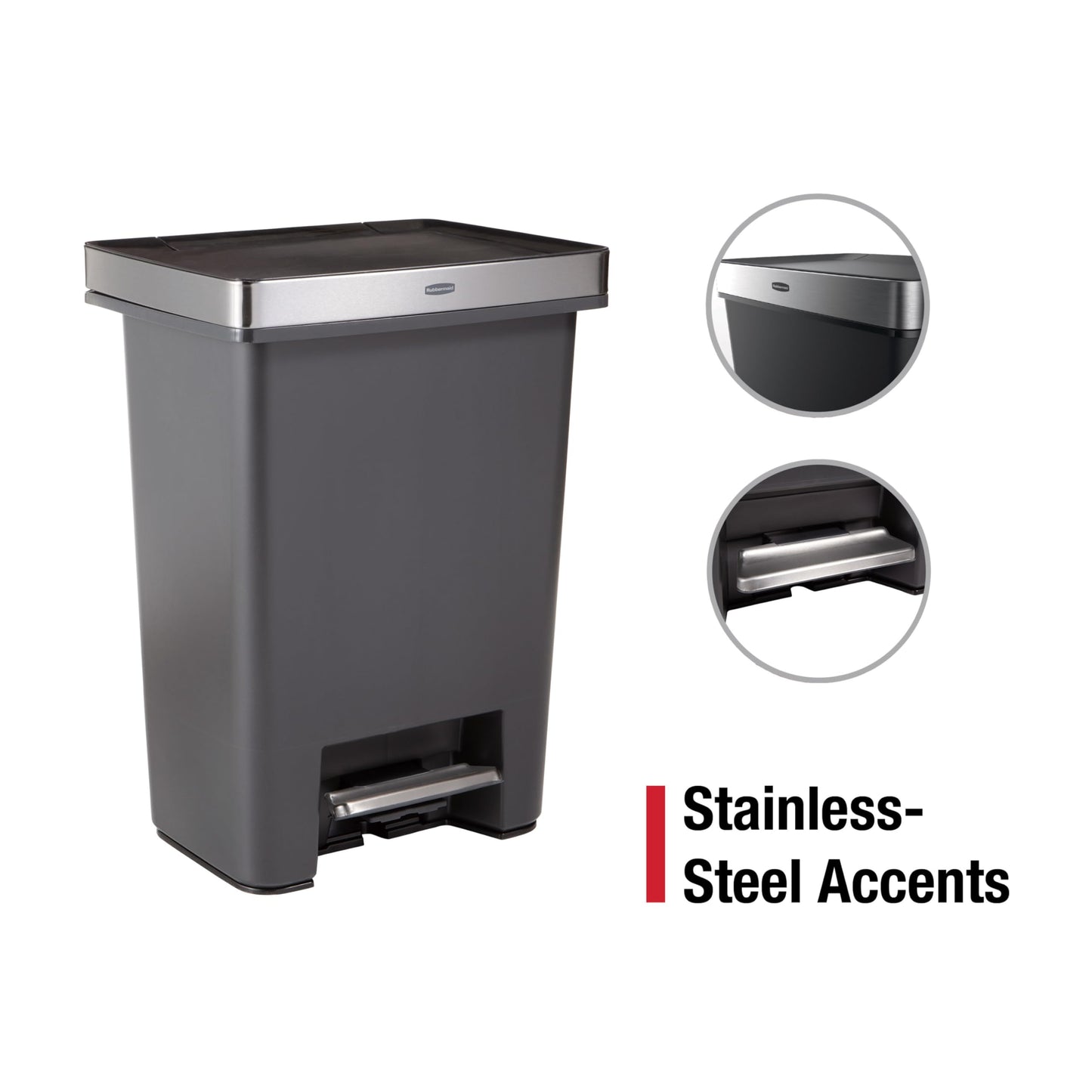 Rubbermaid Premier High-Capacity Step-On Trash Can, 19 Gallon, Single or Dual Stream Trash or Recycling, Charcoal, Stainless-Steel Rim, Lid Lock, Quiet Lid, for Home/Kitchen/Garage/Apartment