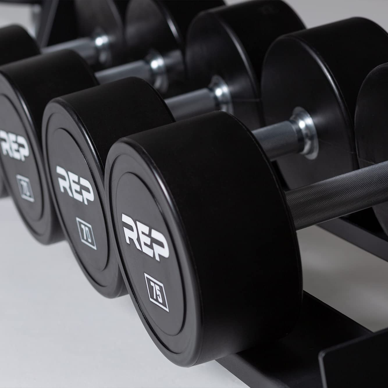 REP Urethane Coated Dumbbell Set - 5-50 lb with 3-Tier Rack