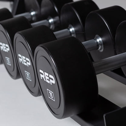 REP Urethane Coated Dumbbell Set - 5-50 lb with 3-Tier Rack