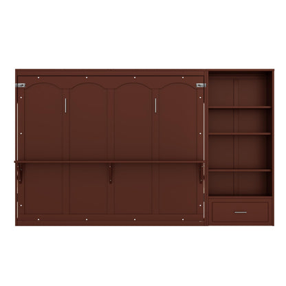 Merax Queen Murphy Bed with 3 Height Adjustable Storage Shelves & 1 Drawer, Wall Bed Frame Multifunctional Foldable Platform Bed for Small Space, Bedroom, Guest Room, Bear 500LBS (Walnut)