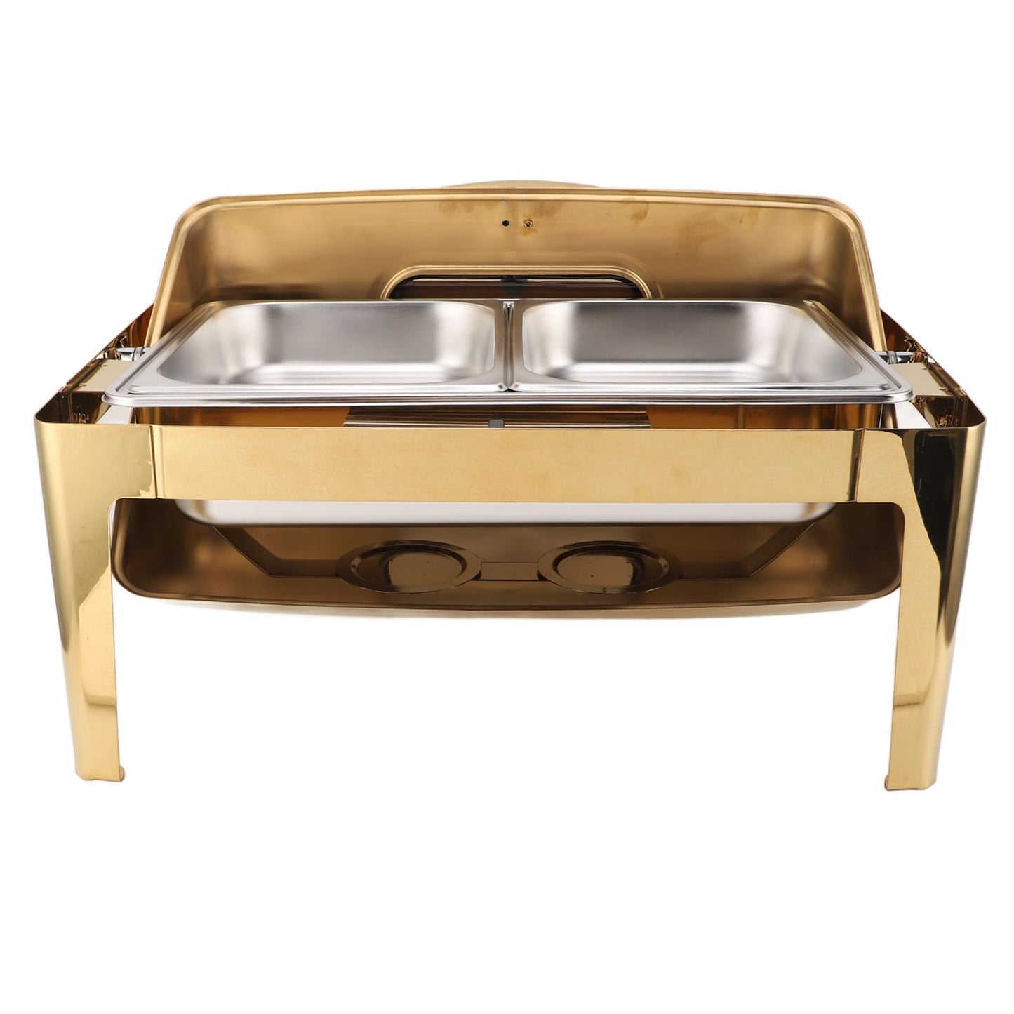Qiilu Premium Buffet Chafing Dish Stainless Steel Chafer 9L Buffet Catering Food Warmer with Transparent Glass Lid and HighQuality Heating Method (Plated Gold)