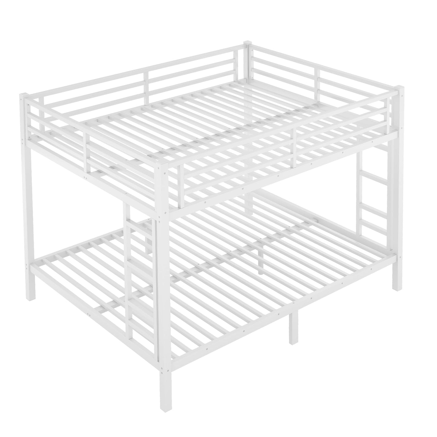 Bellemave Queen Over Queen Size Bunk Bed with Guardrail for Teens and Adults, Metal Bunk Bed Frame with 2 Ladders and Under Storage for Dorm and Bedroom, Noise Reduced, No Box Spring Needed, White
