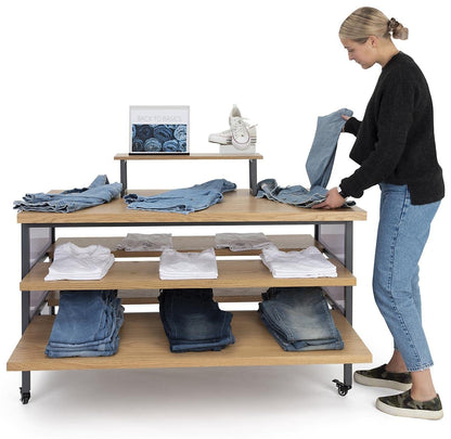 Displays2go Tiered Retail Display Table w/Wheels and Removable Top Riser - Natural Wood (SM3TWDR)