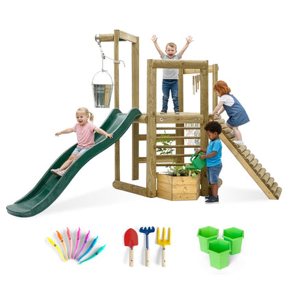Plum Discovery Wooden Outdoor Playset, Toddler Slide, Playground Sets For Backyards, Kids Yard Play Equipment with Painting Easel, Bucket, Built-In Planter Box, Climbing Wall, Weatherproof, Age 3+ Yrs