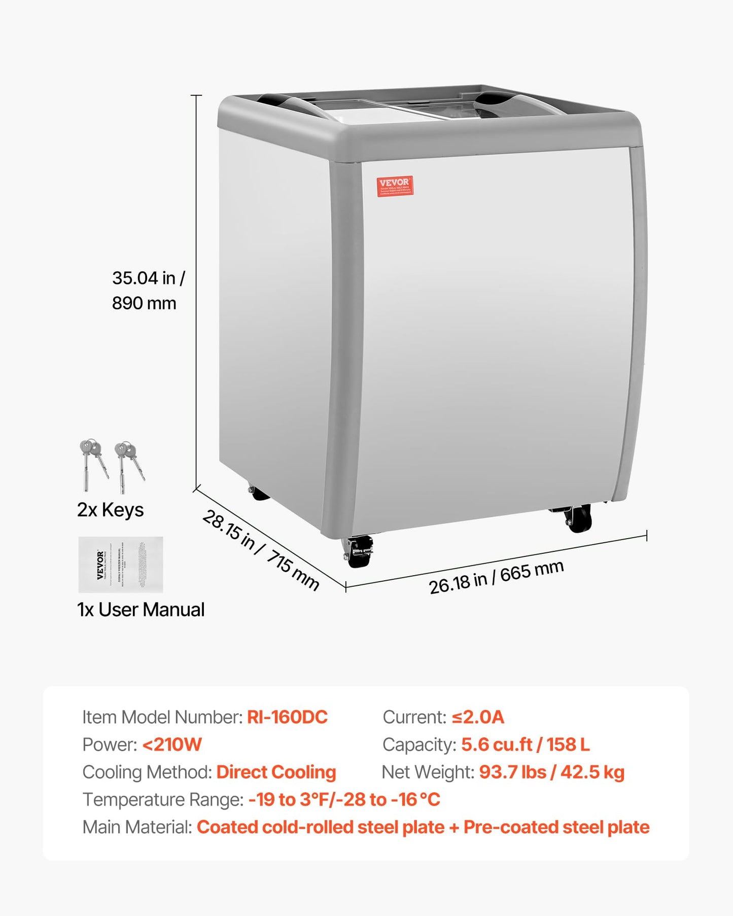 VEVOR Commercial Ice Cream Display Case, 5.6 Cu.ft Chest Freezer, Restaurant Gelato Dipping Cabinet Top Deep Freezer with Locking Casters, Sliding Glass Door, LED Lighting, Hold 4 Ice Cream Tubs